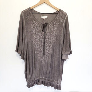 NEW!! Knox Rose Plus Size XXL Boho Top Gray Short Flare Sleeve Tassel Tie Blouse